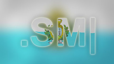SM - internet domain of San Marino. Typing top-level domain “.SM” against blurred waving national flag of San Marino. Highly detailed fabric texture for 4K resolution. Clip ID: ax1020c