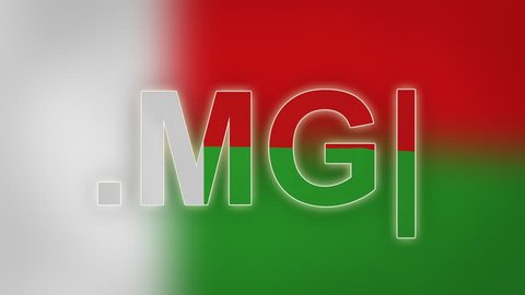 MG - internet domain of Madagascar. Typing top-level domain “.MG” against blurred waving national flag of Madagascar. Highly detailed fabric texture for 4K resolution. Clip ID: ax954c