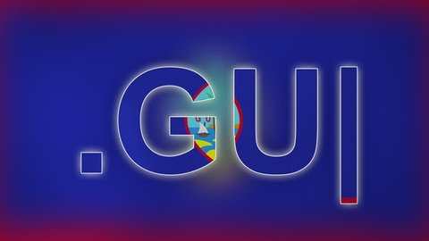 GU - internet domain of Guam. Typing top-level domain “.GU” against blurred waving national flag of Guam. Highly detailed fabric texture for 4K resolution. Source: CGI rendering. Clip ID: ax915c