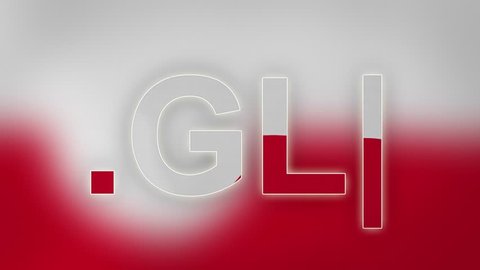 GL - internet domain of Greenland. Typing top-level domain “.GL” against blurred waving national flag of Greenland. Highly detailed fabric texture for 4K resolution. Clip ID: ax912c