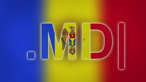 MD - internet domain of Moldova. Typing top-level domain “.MD” against blurred waving national flag of Moldova. Highly detailed fabric texture for 4K resolution. Source: CGI rendering. Clip ID: ax966c
