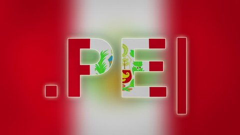PE - internet domain of Peru. Typing top-level domain “.PE” against blurred waving national flag of Peru. Highly detailed fabric texture for 4K resolution. Source: CGI rendering. Clip ID: ax999c