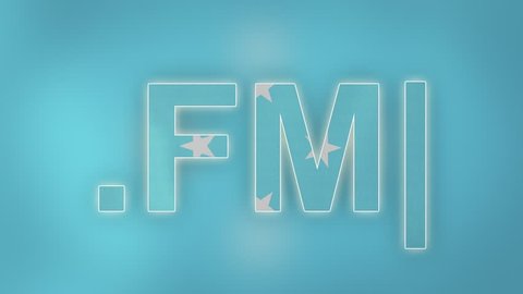 FM - internet domain of Micronesia. Typing top-level domain “.FM” against blurred waving national flag of Micronesia. Highly detailed fabric texture for 4K resolution. Clip ID: ax992c
