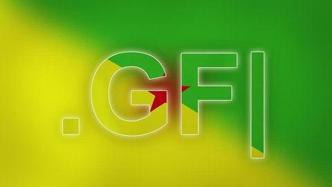 GF - internet domain of French Guiana. Typing top-level domain “.GF” against blurred waving national flag of French Guiana. Highly detailed fabric texture for 4K resolution. Clip ID: ax899c