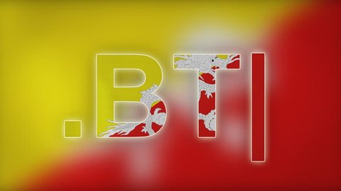 BT - internet domain of Bhutan. Typing top-level domain “.BT” against blurred waving national flag of Bhutan. Highly detailed fabric texture for 4K resolution. Source: CGI rendering. Clip ID: ax843c