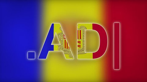 AD - internet domain of Andorra. Typing top-level domain “.AD” against blurred waving national flag of Andorra. Highly detailed fabric texture for 4K resolution. Source: CGI rendering. Clip ID: ax829c