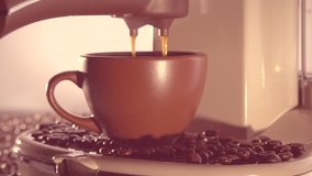 Coffee machine filling a cup with hot fresh coffee. Full HD 1080 video footage. 
