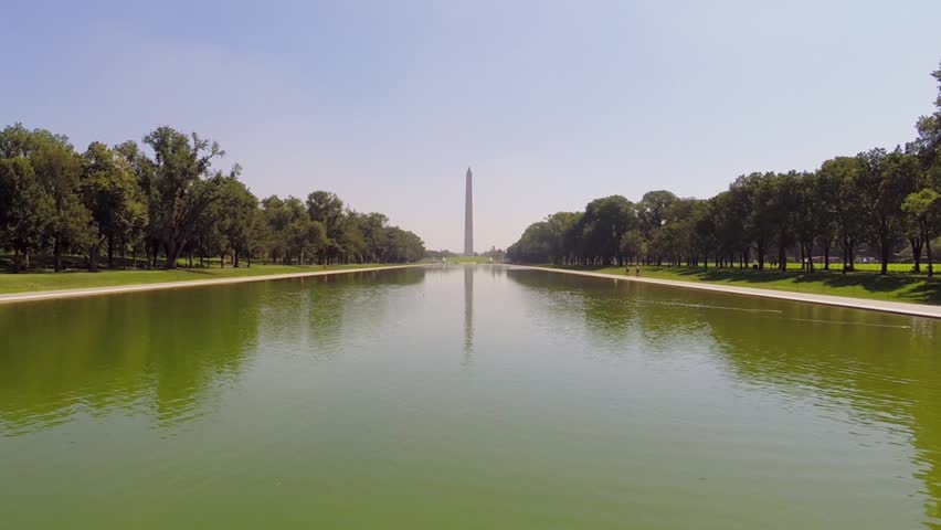 Lincoln Memorial Reflecting Pool not far from Washington Monument at summer sunny day. Aerial view