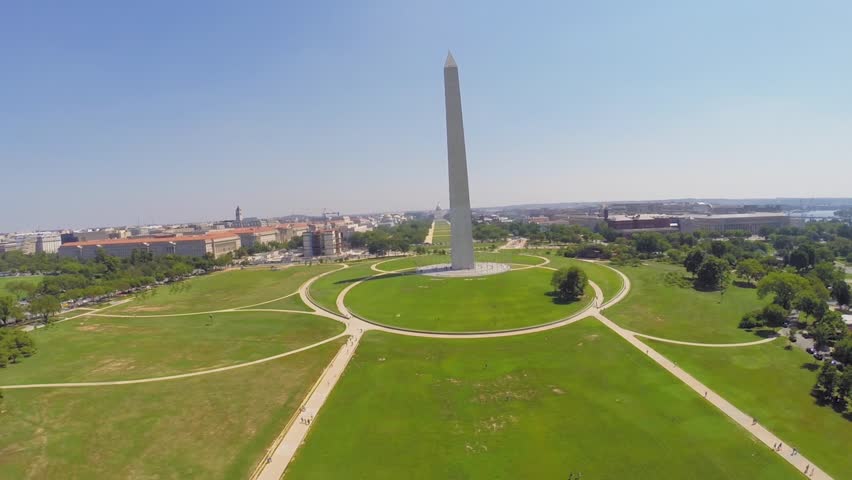Panorama of National Mall with Washington Monument and The Ellipse at summer sunny day. Aerial view