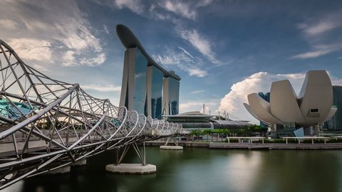 singapore - october 2014: sunny sky famous hotel and art museum round panorama 4k time lapse, singapore.