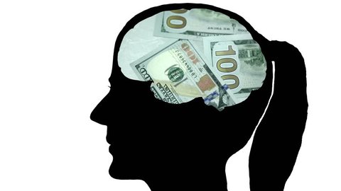 The woman's head, in the brain thought of dollars. Recalculates bills. Outline silhouette of a female head with the brain in the shape of Pouring money.