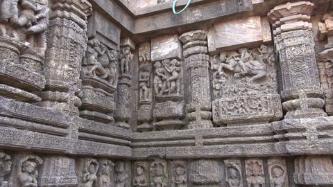 ancient erotic sacred art sculptures on Konark sun temple wall, Odisha, India
