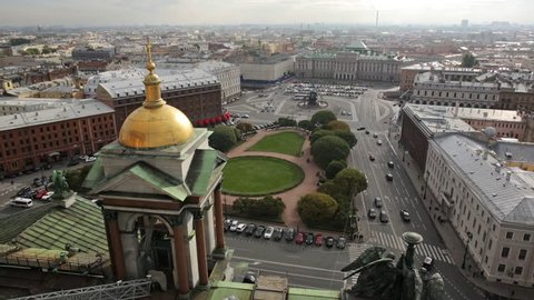 Beautiful aerial view of summer Saint Petersburg city through the roof of Saint Isaac cathedral or Isaakievskiy Sobor.