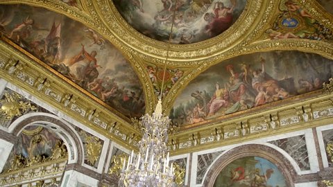 VERSAILLES, FRANCE - CIRCA 2014: The Peace Salon - roof decorations - located at the southern end of the Hall of Mirrors (opposite to the War Salon)
