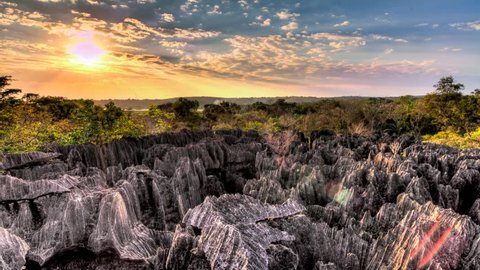 Beautiful Full HD HDR timelapse of the unique landscape at the Tsingy de Bemaraha Strict Nature Reserve in Madagascar at sunset