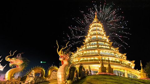 4K. Temple wat hyua pla kang and fireworks (Chinese temple) Chiang Rai, Asia Thailand, They are public domain or treasure of Buddhism, no restrict in copy or use, 1920x1080