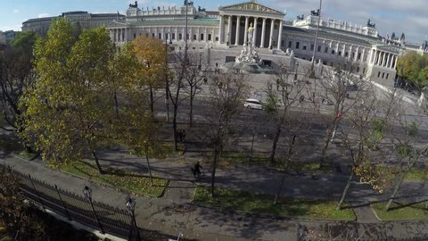Camera flying above Austrian Parliament in Vienna.
