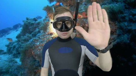 Diving sign- divemaster  shows sing  CALM, BE RELAX, BE CALM, SLOWLY  2 of 8 also a available on the green screen all of diving sings from course (open water diver)
