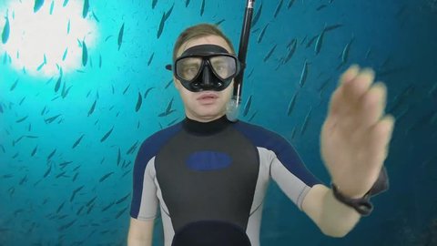 Diving sign- divemaster  shows sing FASTER, SWIM FASTER ,also a available on the green screen all of diving sings from course (open water diver)