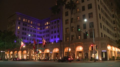 LOS ANGELES, CALIFORNIA - CIRCA 2014 - The luxurious Beverly Wilshire hotel in Los Angeles at night.