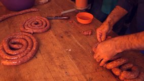 Butcher Making raw sausages 1920x1080 full hd footage
