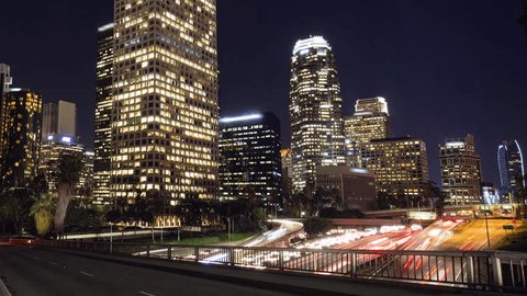 Los Angeles downtown skyline night time-lapse no logos