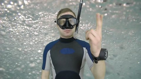 Diving sign- divemaster  shows sing  DIZZINESS 1  of 8 ,also a available on the green screen all of diving sings from course (open water diver)