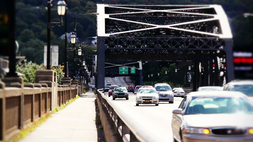 Traffic pass over the Hill to Hill Bridge in Bethlehem, Pennsylvania.
