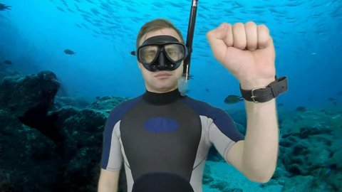 Diving sign- divemaster  shows sing  CAUTION ZONE ,also a available on the green screen all of diving sings from course (open water diver) 7  of 8