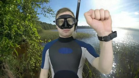 Diving sign- divemaster  shows sing  CAUTION ZONE ,also a available on the green screen all of diving sings from course (open water diver)  6 of 8