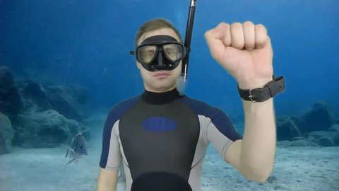 Diving sign- divemaster  shows sing  CAUTION ZONE ,also a available on the green screen all of diving sings from course (open water diver) 8  of 8