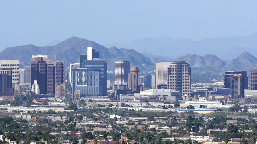 Downtown Phoenix Arizona skyline. 4K UHD Left to right pan.