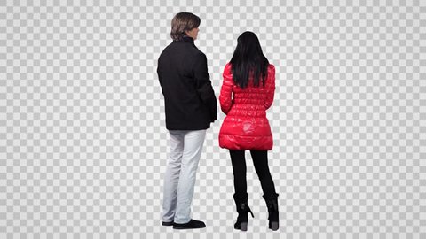 Standing man & young woman talk each other. Back view  (on alpha matte)
Footage with alpha channel.
File format - mov. Codec - PNG+Alpha
Combine these footage with other ones to make crowd effect