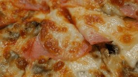 Tasty Italian pizza slow panning over shallow DOF 4K 2160p UHD footage - Tasty rich in ingredients pizza from restaurant 4K 3840X2160 UHD video
