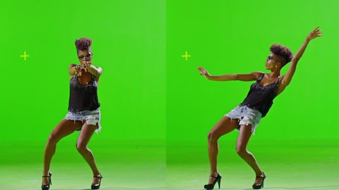 FEW SHOTS! African Stylish Girl Dancing On Green Screen. Real Strobe Light On Body. Slow Motion. Few shots.