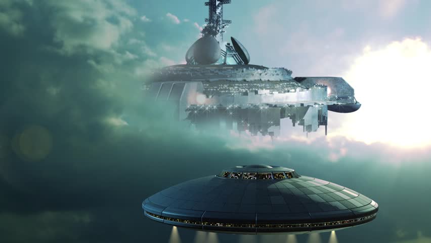 UFO approaching a gigantic mother-ship in the clouds. Science fiction sequence with alien spaceships or military spacecrafts for fantasy or interstellar space travel backgrounds.
