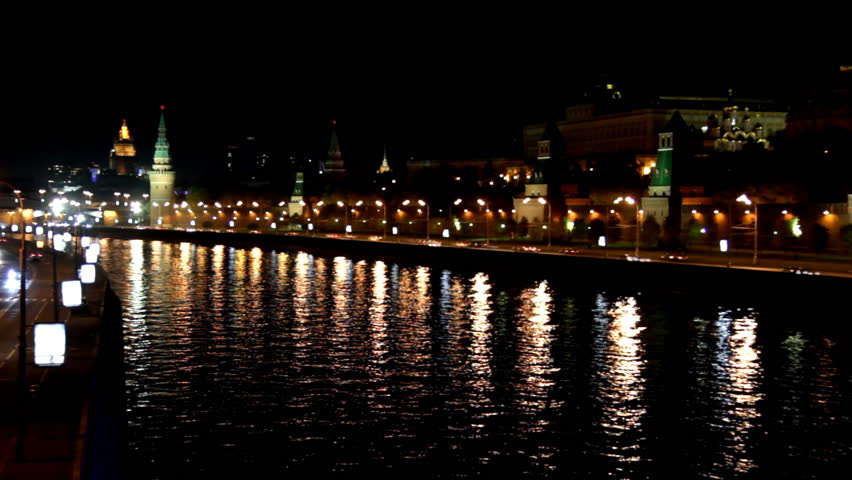 Moscow Kremlin river night landscape with ship - timelapse 