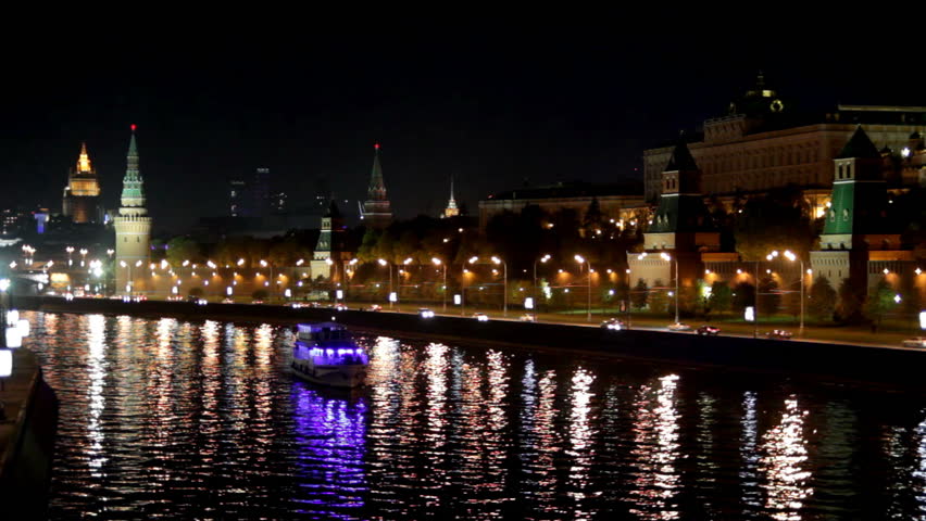 Moscow Kremlin river night landscape with ships 
