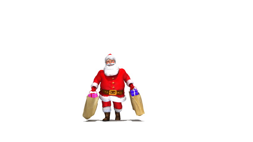 Santa character walks towards (then past) the camera carrying 2 brown bags full