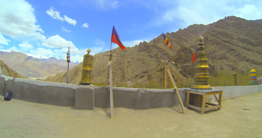 Panorama of the surrounding area of Lech and Buddhist monasteries, called Gompa (Ladakh, India) in 4K