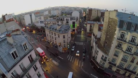 PARIS - SEP 11, 2014: Crossroads traffic in 10th district of Paris at autumn morning. Aerial view. Total area of 10th district is 2,89 sq.km.