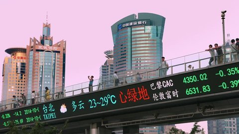 SHANGHAI, CHINA - OCTOBER 4, 2014: Financial electronic Dow Jones index billboard on October 4, 2014 in Shanghai, China, 4K, UHD, 