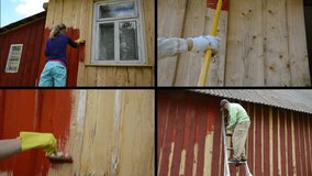 Woman and man on ladder paint wooden house. Hand with roller brush paint wall. Family couple color house. Montage of video footage clips collage. Split screen. Black angular frame. 4K UHDTV 2160p