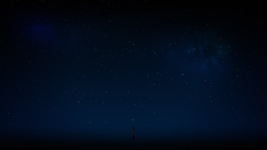Animation of space shuttle launch at night. Bright flash and puffs of smoke. Rocket taking off up the frame. The camera follows the rocket. Dark blue night sky with twinkling stars.