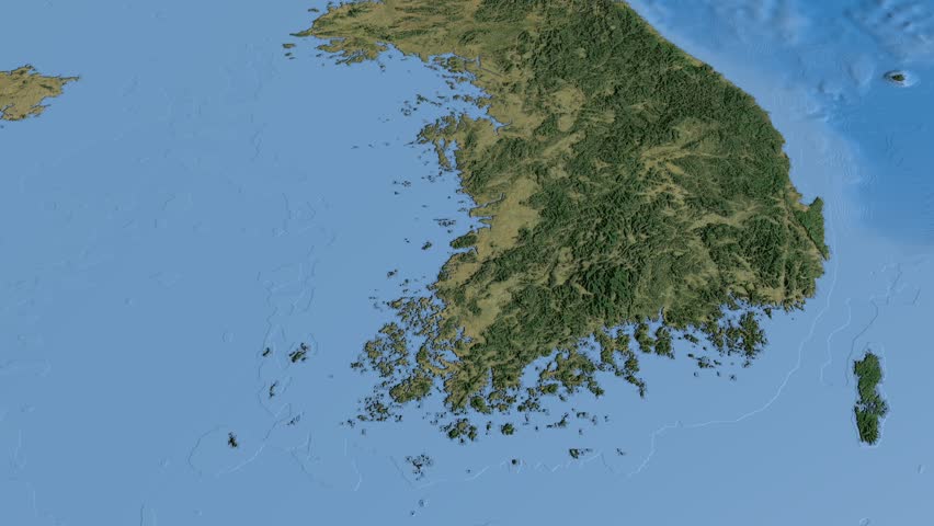 Glide over the satellite map of South Korea. Country area highlighted and outlined. Elements of this image furnished by NASA.