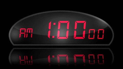 Digital Clock passing through 24 hours in 12 seconds. Reflected on Black Glass