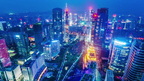 Guangzhou, China. 
Magnificent high angle night timelapse of the central business district. Extraordinary and splendid zoom out shot.
Date: March 1, 2015.
Location: Guangzhou, China.
