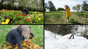 Flower bed weed in spring. Girl work in garden with hoe. Autumn leaves rake. Woman clean snow from roof in winter. Montage of video footage clips collage. Split screen. Black angular frame.