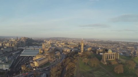 Aerial shot over Calton Hill in Edinburgh, Scotland. Makes the perfect establishing shot to Edinburgh
