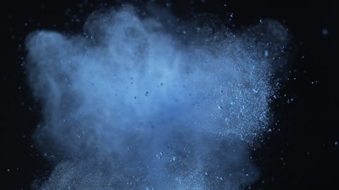 Particles/powder exploding against black background. Shot with high speed camera, phantom flex 4K. Slow Motion. Unedited version is included at the end of clip.